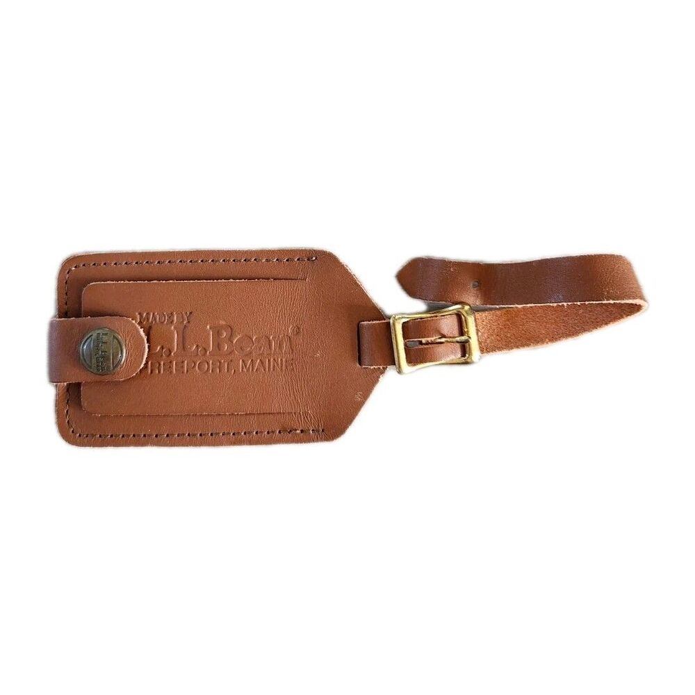 VTG L.L. Bean Leather Luggage Tag Brown Freeport Maine Travel ID Holder Buckle